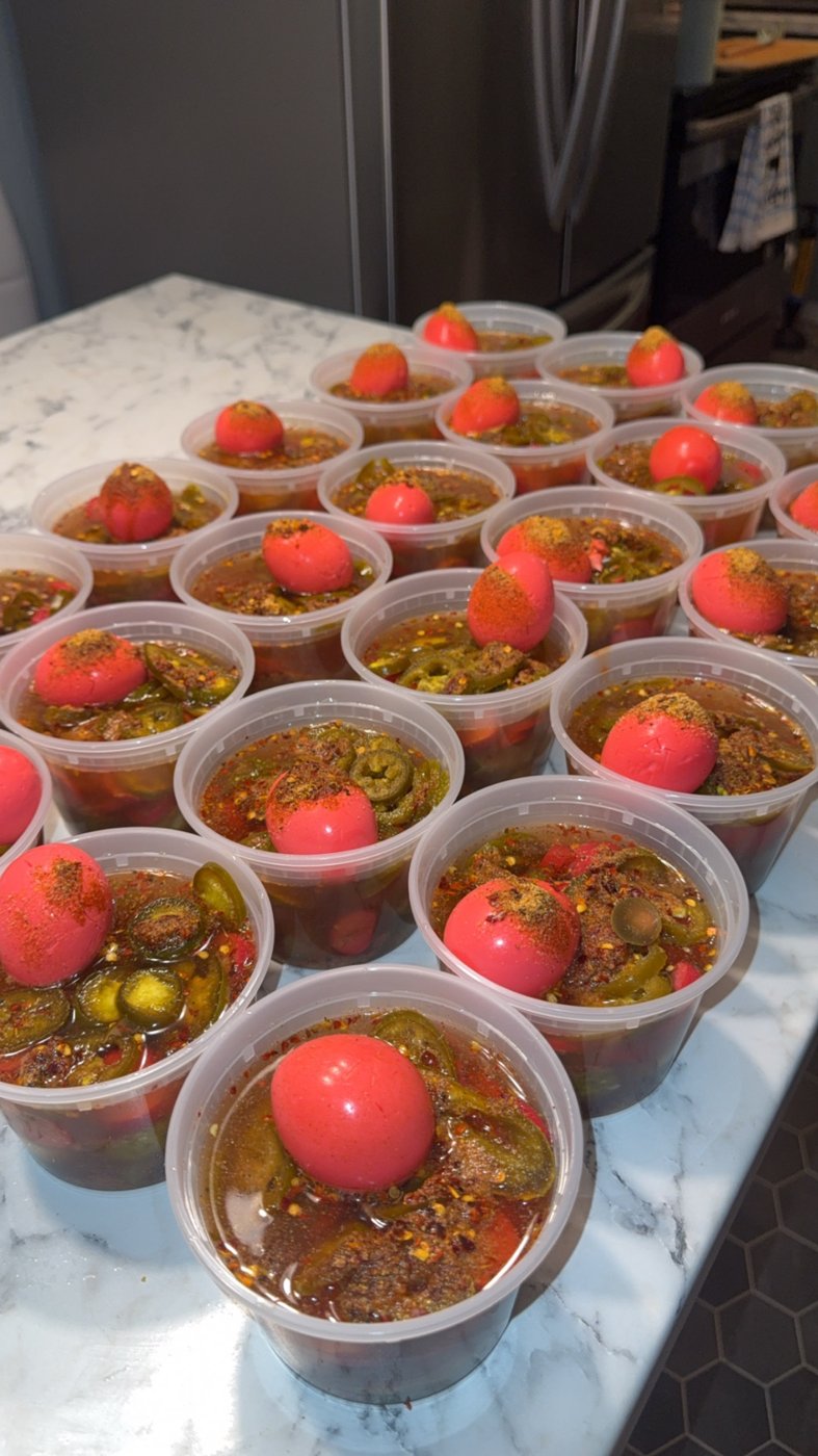 Hot spicy bowls with jalapeΓ±os and pickled eggs
